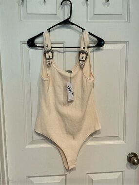 Buckle Strap Cream Bodysuit with Decorative Buckles